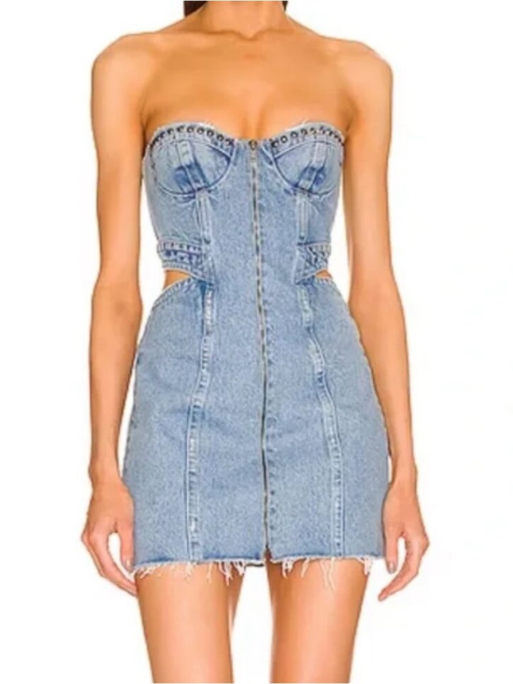 DUNDAS x Revolve Strapless Light Blue Denim Mini Dress with Cutouts